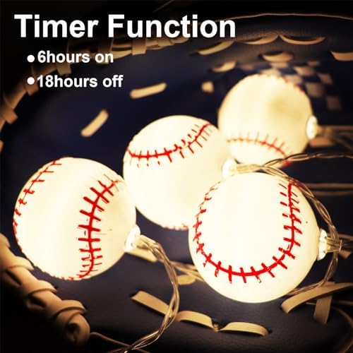 Yayfazy Baseball Decorations String Lights, Timer Battery Operated 6.5ft 10LED Room Decor,Baseball Ornaments for Christmas Tree, Boys Bedroom, Sports Theme Party Favors, Christmas Gift for Kids