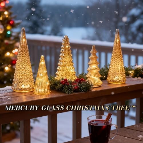 Set of 5 Illuminated Mercury Glass Trees - Upgrade Mercury Glass Christmas Trees with LED Lighted Tabletop Decor, Crackled Mercury GlassTrees for Xmas Home Party Centerpiece Tabletop Mantel (Gold)