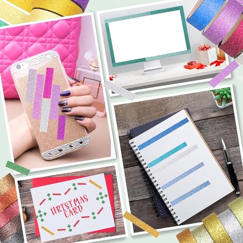 12 Rolls Glitter Washi Tape Set Christmas Washi Masking Tape Decorative Adhesive Tape for Scrapbooking DIY Crafts Crafters Embellished Journals Planners Cards Gift Wrapping Ribbons Wedding