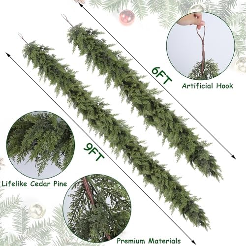 YOFIT 9FT Real Touch Cedar Christmas Garland - Artificial Greenery for Fireplace Mantel, Staircase & Door Decor, Indoor/Outdoor Holiday Christmas Decorations