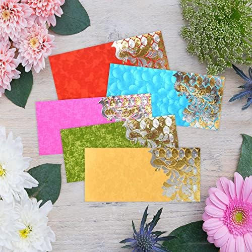 PARTH IMPEX Shagun Gift Envelope for Cash (Pack of 50) 7.5" x 3.5" Peacock Feather Gold Silver Foil Stamping Assorted Color Money Holder Card for Christmas Diwali Birthday Wedding Graduation