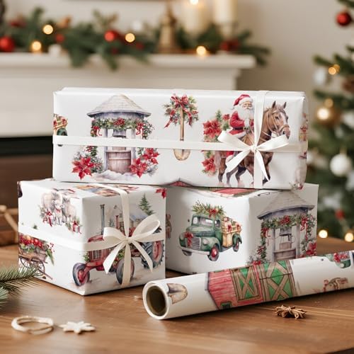 RUSPEPA Christmas Farm Wrapping Paper Roll, Mini Roll, Santa on Horse, Tractor, Red Barn, Farm Animalsand Christmas Decorations, Rustic Gift Wrap for Holiday, Country Party,17 Inches x 16.4 Feet
