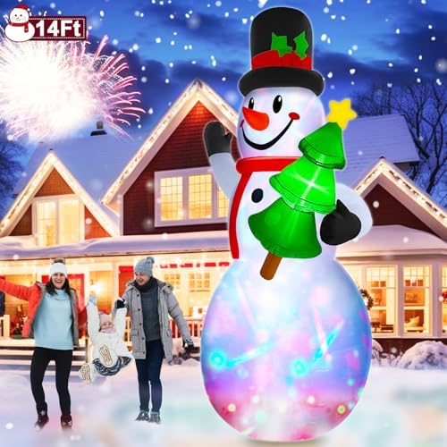 14 Ft by 7.5 Ft Large Christmas Inflatables Snowman Outdoor Decorations Build-in Rotating Colorful Light, Huge Snowman Inflatable with Christmas Tree & Hat Blow Up Yard Decor for Lawn Garden Outside