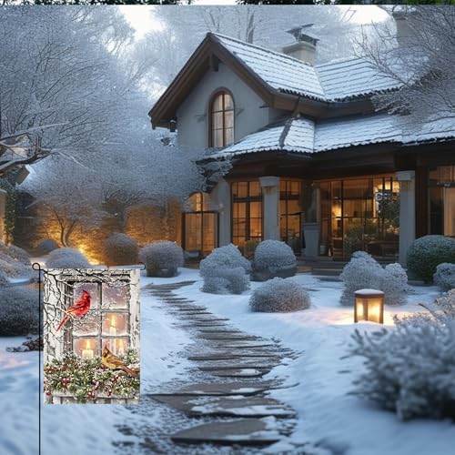 Winter Candle Cardinal Garden Flags 12×18 Inch Double Sided Xmas Cardinal Garden Flags Rustic Farmhouse Yard Red Birds Flags with Pine Twigs Window Candle Berry Outdoor Decor Christmas Garden Flag