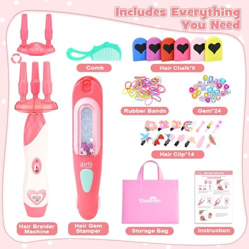 Dreamon 51 Pcs Hair Styling Tools - Hair Gem Stamper Kit and Automatic Hair Braider - Bling Hair Jewels for Girl with Reusable Shining Diamonds and Hair Chalk - Hair Salon Toys Christmas Birthday Gift