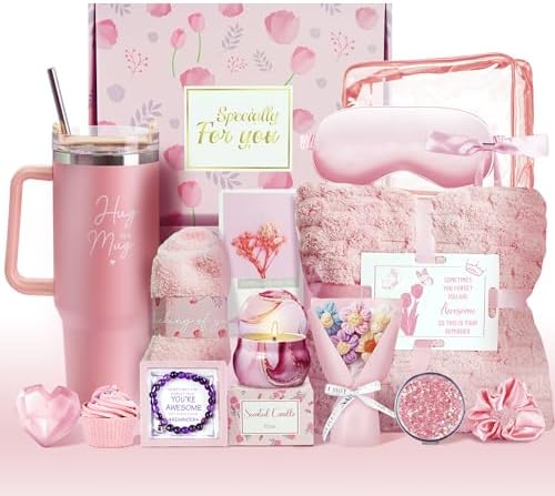 15PCS Birthday Gifts for Women, Relaxing Spa Basket With Luxury Flannel Blanket and 40 oz Tumbler - Care Package for Her, Mom, Wife, Friends - Valentine's, Mother's Day, Christmas