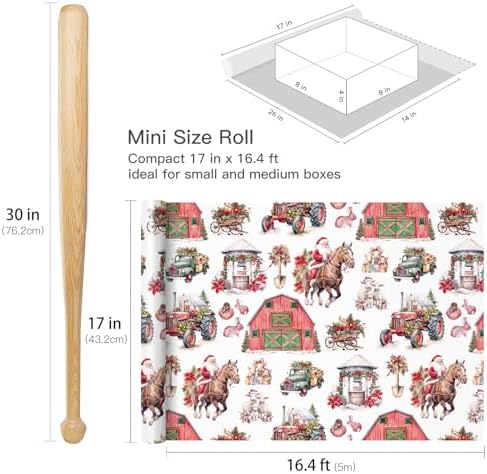 RUSPEPA Christmas Farm Wrapping Paper Roll, Mini Roll, Santa on Horse, Tractor, Red Barn, Farm Animalsand Christmas Decorations, Rustic Gift Wrap for Holiday, Country Party,17 Inches x 16.4 Feet