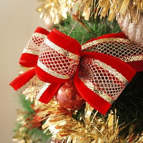 2.5" Red Velvet Gold Mesh Wired Ribbon 10Yards for Christmas Wedding Wreath Gift Wrapping Home Décor DIY