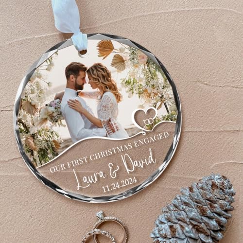 First Christmas Engaged Ornament 2025 – Custom Engagement Photo Ornament – Personalized Couple Gift with Name Date Picture – Romantic Holiday Keepsake