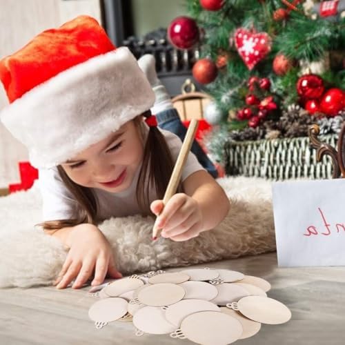 William Craft 100PCS 4" x 4.7" Inch DIY Wooden Christmas Ornaments Unfinished Predrilled Wood Slices Circles for Crafts Round Centerpieces Discs Holiday Hanging Decorations