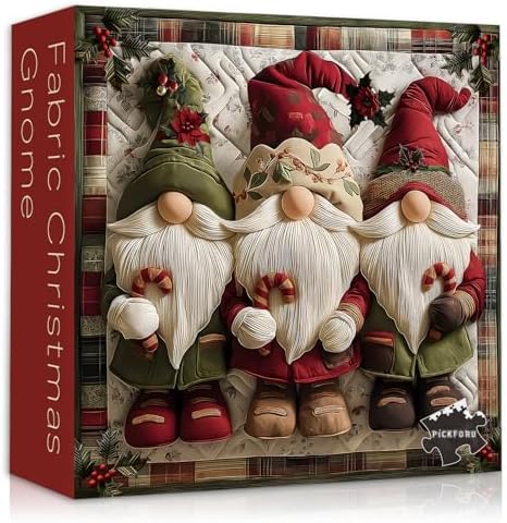 Christmas Gnome Puzzles for Adults 1000 Pieces, Unique Retro Xmas Patchwork Art Challenge Jigsaw Puzzle, Winter Holiday Vintage Christmas Themed, Three Cute Gnomes Quilting Puzzles for Adults