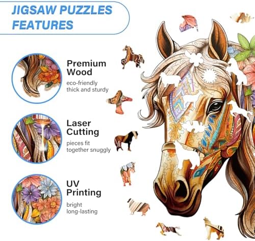 Wooden Puzzles for Adults, Horse Wood Puzzles Adult, Unique Animal Shape Wooden Jigsaw Puzzle, Christmas Birthday Gifts for Women Men Puzzle Game Lovers (S - 9.8×8.9in - 100pcs)