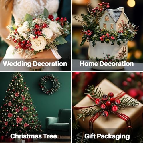 MAQIHAN Artificial Holly Berries - 150 Pcs Christmas Holly Berries Stems for Crafts Faux Holly Berries Artificial Red Holly Berry Stems for Christmas Wreath Christmas Tree Table Kitchen Wall Decor