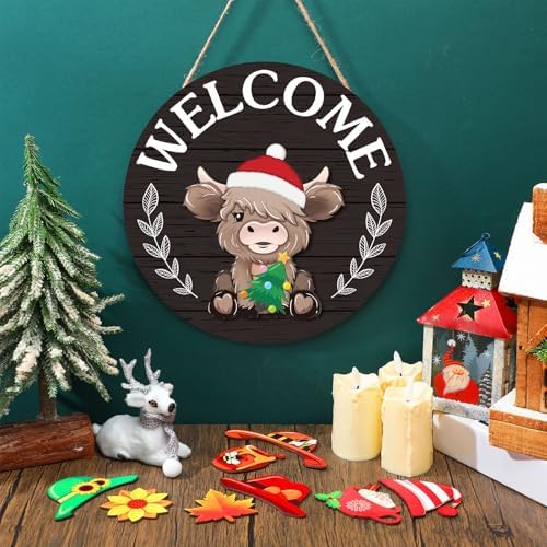 35 Pcs Christmas Interchangeable Highland Cow Welcome Sign Highland Cow Seasonal Wooden Hanging Door Decor Thanksgiving Farmhouse Hanging Sign for Front Door Xmas Party Decoration Gift