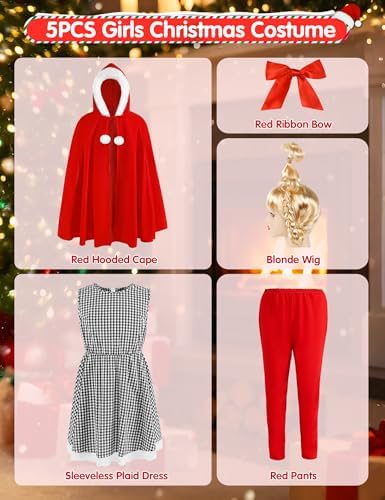 Who Lou Costume for Girl 5 Pcs Red Christmas Costumes Outfit with Blonde Wig Xmas Halloween Cosplay Holiday