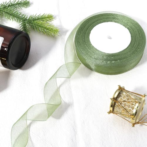 3/4 inch Sage Green Sheer Organza Ribbon 50 Yards Chiffon Ribbon for Gift Wrapping Christmas Halloween Decoration Wedding Flower Bouquet Crafts