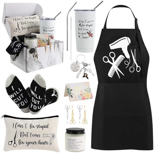 10 Pieces Hairdresser Gifts Set for Women Hair Stylist Appreciation Gift Set Christmas Gift with Tumbler,Socks,Makeup Bag,Keychain,Candle,Scissor Hair Clips,Apron,Greeting Card (Tumbler)