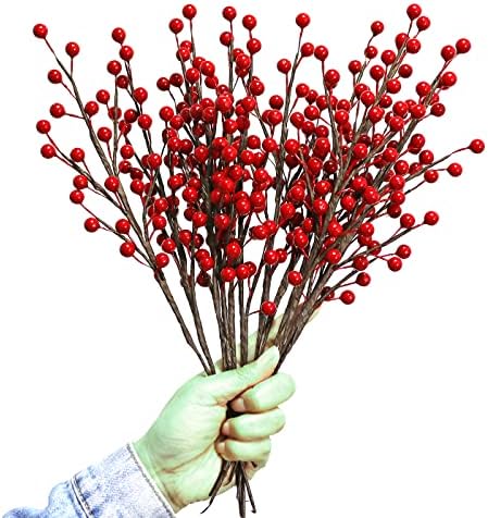 12Pcs Artificial Red Berries Stems, 13.5" Waterproof Burgundy Berry Branches for Home Holiday Wedding DIY Christmas Tree Wreath Flower Decor