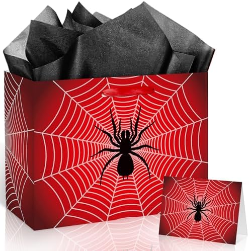 Yomaiha Spider Birthday Gift Bag Spider Party Paper Bags with Handles Tissue Paper and Card Red Black Webs Wrapping Bag Red Blue Party Decorations for Boys Men Birthday Christmas Supplies
