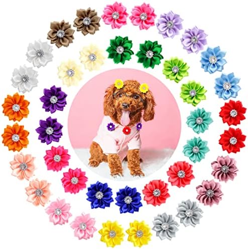40Pcs Puppy Yorkie Dog Hair Bows Flower with Rubber Band,Pet Small Dog Girl Flower Christmas Hair Topknot Bowknot Hair Accessories Pet Grooming for Party Christmas Birthday