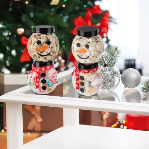 12 Pcs Plastic Candy Jars for Christmas Party Favors Snowman Christmas Candy Jars with Lids,Stickers,Ribbon Clear Xmas Cookie Jar Container Chocolate Storage Jar for Marshmallow Gift