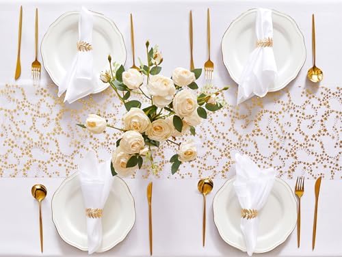 YATOJUZI Gold Table Runner,16 Ft Golden Star Sheer Chiffon Tulle Table Runner,Sequin Glitter Metallic Foil Gold Table Decorations Centerpiece for Wedding Birthday Christmas Party