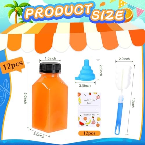 12 Pack Plastic Juice Bottles Empty Bottles with Caps Reusable Juice Containers with Leak-Proof Lids Black, Clear Bottles for Juicing, Milk, Smoothie, Drinking, and Beverages Christmas Gifts (8 OZ)