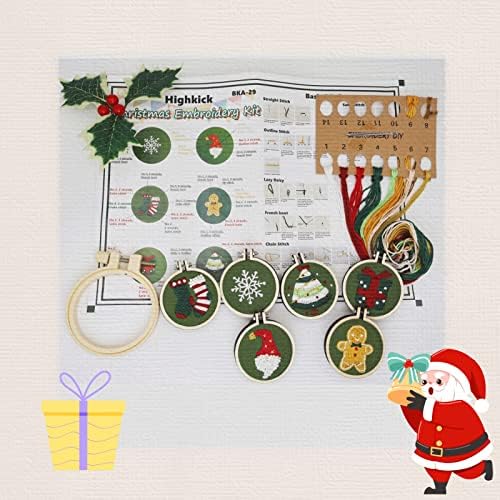 Highkick Christmas Embroidery Kits for Beginners, 6 Mini Craft Gift Kit, Santa, Snowflake, Christmas Tree