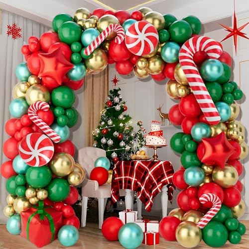 Christmas Balloon Arch Kit, 150Pcs Red Green Gold Balloon Garland with Candy Cane Balloons Red Star Balloons for Christmas Party Decorations, Xmas Decorations for Indoors