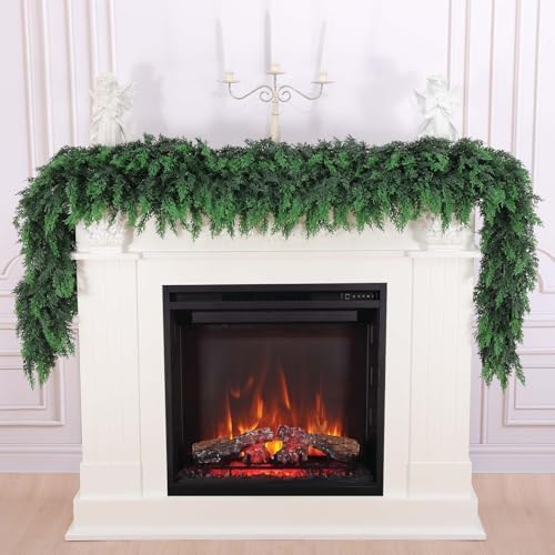 Hananona 6 FT Artificial Cedar Garlands, Real Touch Winter Cedar Cypress Garland, Green Artificial Greenery Pine Garland for Table, Mantle, Wall, Indoor, Outdoor Christmas Decorations (1, 6 FT)