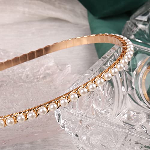 YARN & INK Women's Pearls Headbands Fashion Beaded Metal Headband, Vintage Hair Accessories Non Slip for Women Girls Christmas Gift (Pearls Line)