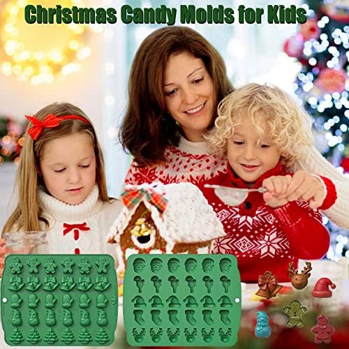(2 Pack) Christmas Candy Molds, 60 Cavity Christmas Gummy Molds, Santa Clause Snowman Gingerbread Man Tree Shape Christmas Silicone Molds for Mini Chocolate Biscuit Jelly Baking