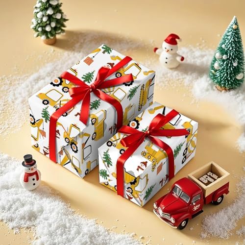 WRAPAHOLIC Cars Christmas Wrapping Paper - Mini Roll - 17 Inch x 16.5 Feet - Yellow Digger Construction Wrapping Paper for Christmas Holiday, Party Celebration