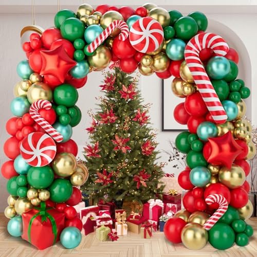 Christmas Balloon Arch Kit, 150Pcs Red Green Gold Balloon Garland with Candy Cane Balloons Red Star Balloons for Christmas Party Decorations, Xmas Decorations for Indoors