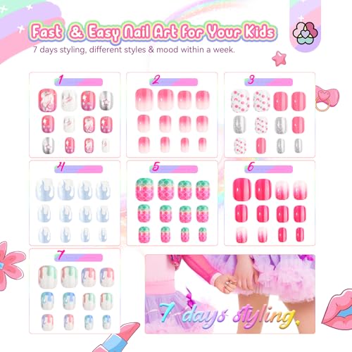SAVILAND 168Pcs 7 Pack Press on Nails for Kids Children Fake Nails Stick on Nails Pre-glue Full Cover Glitter Gradient Color Star Short Acrylic Nail Tips Nail Art Christmas Easter Gifts for 8-12 Year