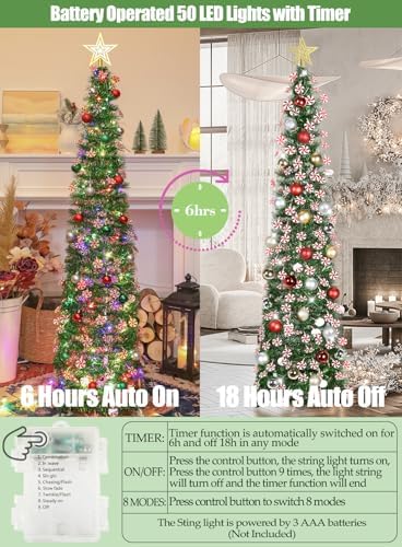 HMASYO 5 FT Pop Up Christmas Tree with Timer Lights and Decorations, Green Tinsel Christmas Tree with Candy and 24 Balls Ornament, Collapsible Pencil Tree Xmas Decoration for Home, Office, Party