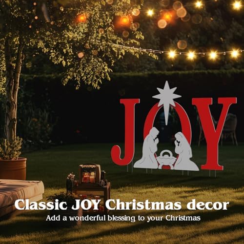 FUNNGO Joy Christmas Nativity Decorations Outdoor - 42 inch Red Nativity Scene Yard Sign Set Built with Weather Resistant & Durable PVC Silhouettes for Yard, Patio, Lawn