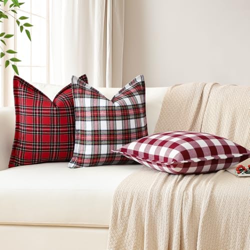 OTOSTAR Pack of 2 Christmas Scottish Plaid Throw Pillow Covers Decorative Linen Check Tartan Square Pillow Covers with Stitched Edge for Sofa Couch Bed Farmhouse Home Decor 20x20 Inches, Red