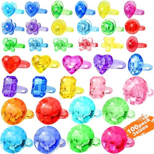 100pcs 3-Size Gem Diamond Rings Toys for kids&Unisex Adult,Bulk Plastic Ring Princess Party Favors Dress Up Jewel Ring,Goodie Bag Stuffers Fillers Carnival Prizes, Little Girl Christmas Birthday Gift
