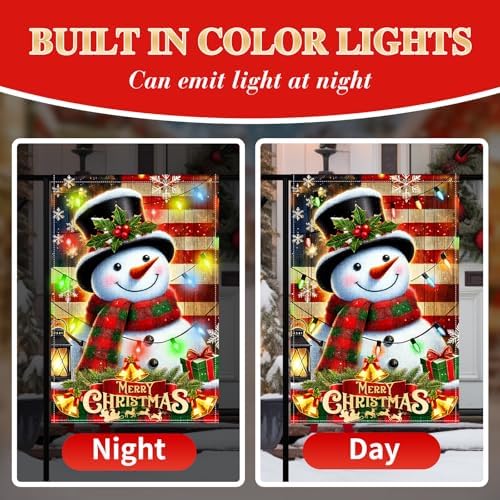 12 x 18 Inches Lighted Snowman Garden Flag Decorations - Double-Sided Vertical Christmas Holiday Yard Flag Sign with LED Lights, Indoor Outdoor House Patio Décor Party Supplies