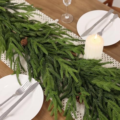 9FT Real Touch Norfolk Pine Garland - Artificial Christmas Garland Fake Green Faux Pine Needles Garland for Table Fireplace Mantle Holiday Home Indoor Outdoor Decor (1PCS)