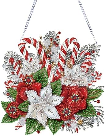 Christmas Diamond Art Hanging Kits for Adults, Special Shaped Diamond Painting,Double Sided 5D DIY Acrylic Diamond Art Painting Window Pendants Home Garden Wall Hanging Kits Cane candy wreath Ornament