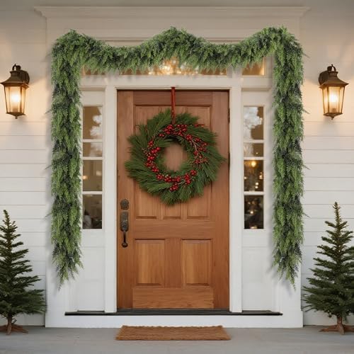 YOFIT 9FT Real Touch Cedar Christmas Garland - Artificial Greenery for Fireplace Mantel, Staircase & Door Decor, Indoor/Outdoor Holiday Christmas Decorations