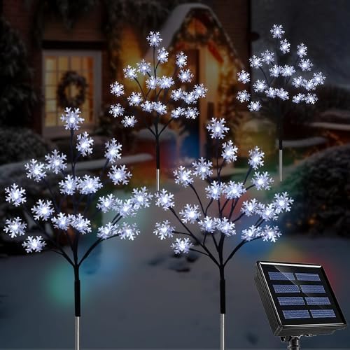 4-Pack 80LEDs Solar Christmas Snowflake Stake Lights, 8 Modes Solar Snowflake Christmas Decorations Outdoor Lights, Waterproof Outdoor Xmas Decorations for Garden Yard Pathway Walkway