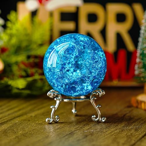 kanpura 60mm Ice Cracked Crystal Ball Paperweight Crystal Ball with Stand Glass Ball Ornament for Christmas Home Decor(Blue)