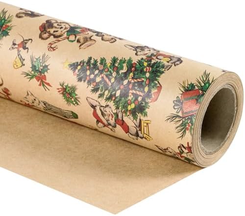 RUSPEPA Kraft Christmas Wrapping Paper Roll, Mini Roll, Vintage Animals Like Cat and Squirrel with Santa Hats, Tree, Stockings & Gifts, Kraft Gift Wrap for Boys, Girls, Holiday, 17 Inches x 16.4 Feet