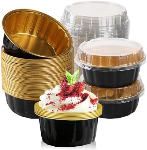 100 Pcs 8 oz Aluminum Foil Cup with Lids Disposable Ramekins with Lids Disposable Ramekin Baking Cups Foil Cupcake Containers for Wedding, Christmas, Kitchen, Party (Black, Gold, 8 oz)