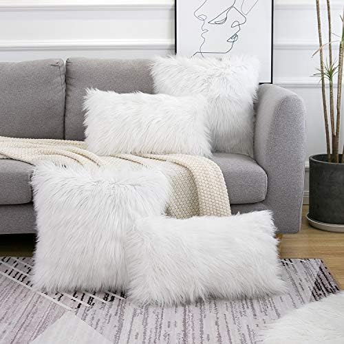 WLNUI Set of 2 White Christmas Decorative Fluffy Pillow Covers New Luxury Series Merino Style Faux Fur Throw Pillow Covers Square Fuzzy Cushion Case for Sofa Bedroom Living Room Home Decor 18x18 Inch