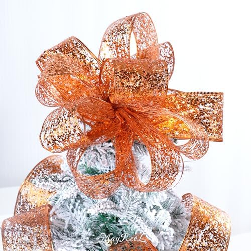 MAYREEL 2.5 Inch Orange Mesh Wired Halloween Ribbon Metallic Sequin Glitter Web for Christmas Tree Gift Wrapping Crafts Topper Bows Wreaths Holiday Decor Garland 10 Yards