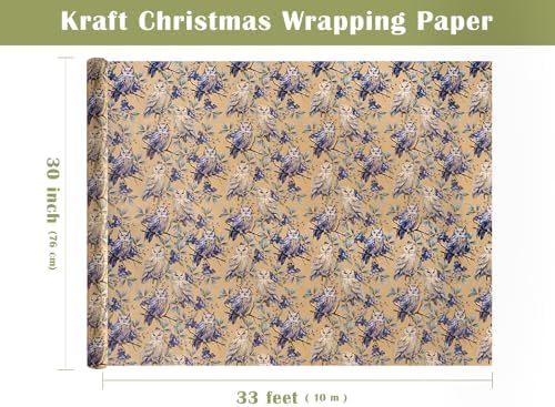 WRAPAHOLIC 30 Inch Jumbo Kraft Christmas Wrapping Paper - 30 Inch x 33 Feet - Owl Wrapping Paper Wild Animal Winterfall Watercolor Design for Christmas, Holiday, Party Celebration